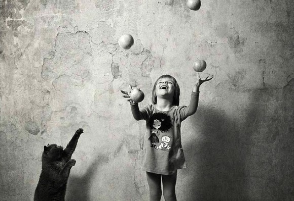 Black And White Photographs Girl Playing With Cat