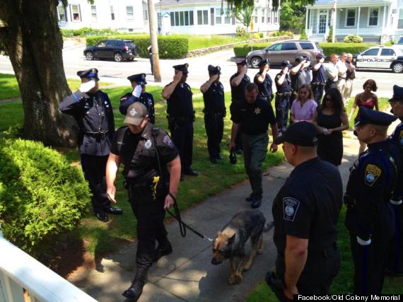 Plymouth Mass. police dog, Kaiser, makes one last walk, accompanied by his peers. Photo Credit: Facebook/Old Colony Memorial