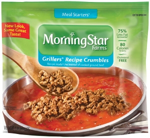 MorningStar Farms Meal Starters Grillers Recipe Crumbles are a low-cal addition to your chili, tomato sauce and tacos./Photo credit: Kelloggsfamily