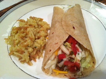 A delicious and healthy meat-free whole wheat taco filled with MorningStar Griller Recipes Crumbles./Photo credit: Lisa Singer
