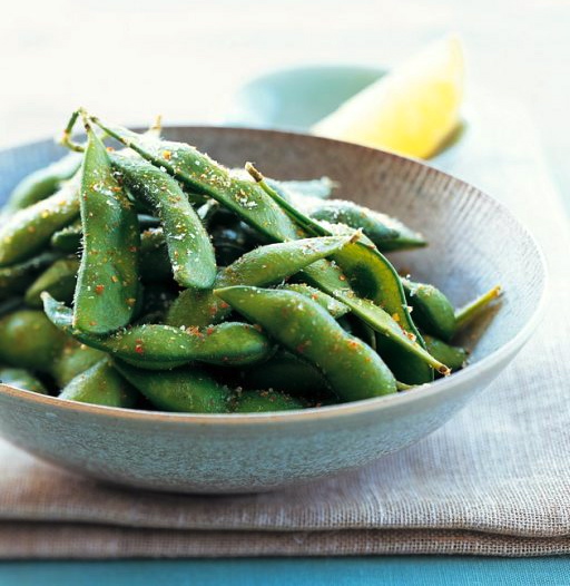 Edamame with Chile Salt is a healthy and delicious high protein snack for any occasion./Photo credit: MarthaStewart.com