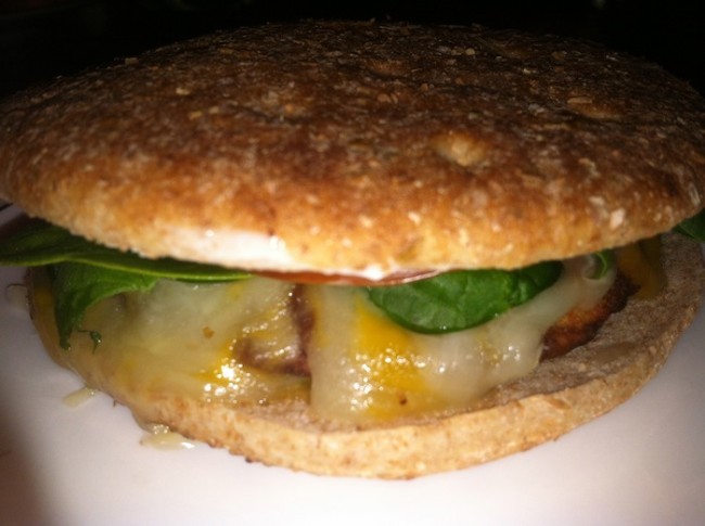 A Quorn Vegan Burger topped with dairy-free cheese, spinach, tomato, mayonnaise and ketchup. A delicious, high protein, low fat meat-free alternative to the burger./Photo credit: Lisa Singer